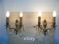 French a pair of antique / vintage gorgeous wall light bronze crystals