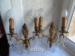 French a pair of antique / vintage gorgeous wall light bronze crystals