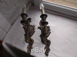 French a pair of dark patina gold bronze wall light sconces antique