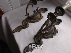 French a pair of dark patina gold bronze wall light sconces antique