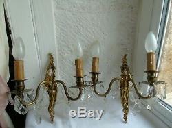 French a pair of patina bronze crystals wall light sconces vintage
