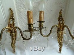 French a pair of patina bronze crystals wall light sconces vintage