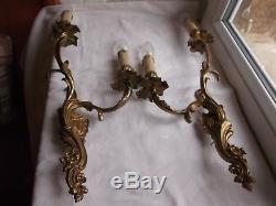 French a pair of patina gold bronze wall light sconces, chateau, antique