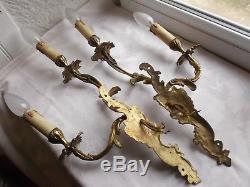 French a pair of patina gold bronze wall light sconces, chateau, antique