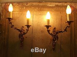 French a pair of patina gold bronze wall light sconces finely detailed vintage