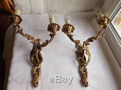French a pair of patina gold bronze wall light sconces finely detailed vintage