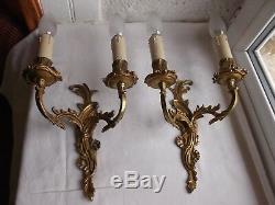 French a pair of patina gold ornate bronze wall light sconces antique