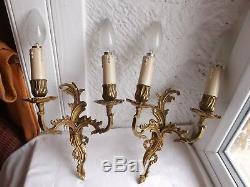 French a pair of patina gold ornate bronze wall light sconces antique