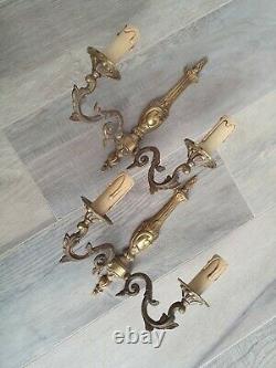 French a pair of patina gold ornate bronze wall light sconces vintage