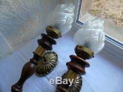 French a pair of wall light sconces vintage glass wood bronze brass