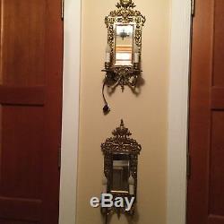 French antique pair of wall brass mirrored sconces, electrified, 1910