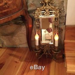 French antique pair of wall brass mirrored sconces, electrified, 1910