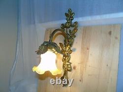 French bronze antique wall light glass shade light yellow trim ruffled edge