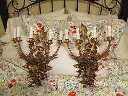 GORGEOUS PAIR VTG FRENCH gilt ROSES SCONCES 5 LIGHT chandelier wall CANDELABRAS