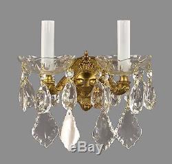 Gilded Bronze & Crystal Sconces c1930 Vintage Antique Glass Gold Wall Lights