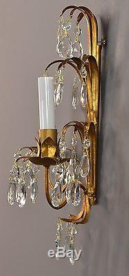 Gilded Tole French Crystal Wall Sconces c1950 Vintage Antique French Style