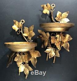 Gilt Gold leaf SCONCES with brass leaves SET Vintage wall pillar candle ITALY