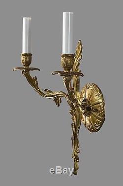 Gold Bronze French Rococo Wall Sconces c1930 Vintage Antique Gilded Finish
