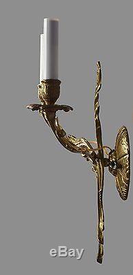 Gold Bronze French Rococo Wall Sconces c1930 Vintage Antique Gilded Finish