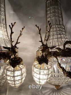 Gold French Louis XVI Style animal Deerhead wall lamps/sconces with beads