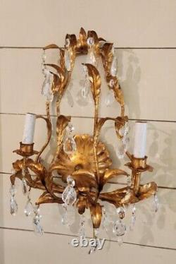 Gold Gilt Italian Wall Double Arm Sconce. Branch And Leaf Design Crystal Prisms