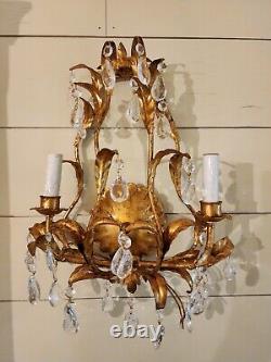 Gold Gilt Italian Wall Double Arm Sconce. Branch And Leaf Design Crystal Prisms