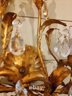 Gold Gilt Italian Wall Double Arm Sconce. Branch And Leaf Design Crystal Prisms