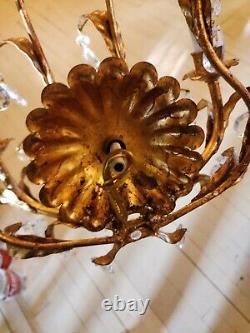 Gold Gilt Italian Wall Double Arm Sconce. Branch And Leaf Design Crystal Prisms