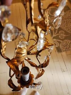 Gold Gilt Italian Wall Double Arm Sconce. Branch And Leaf Design Crystal Prisms