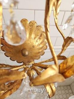 Gold Gilt Italian Wall Double Arm Sconce. Branch And Leaf Design Crystal Prisms