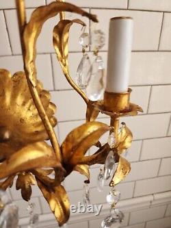 Gold Gilt Italian Wall Double Arm Sconce. Branch And Leaf Design Crystal Prisms