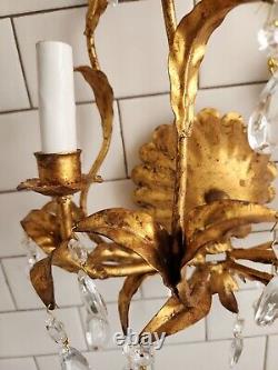 Gold Gilt Italian Wall Double Arm Sconce. Branch And Leaf Design Crystal Prisms