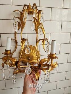 Gold Gilt Italian Wall Double Arm Sconce. Branch And Leaf Design Crystal Prisms