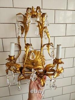 Gold Gilt Italian Wall Double Arm Sconce. Branch And Leaf Design Crystal Prisms