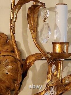 Gold Gilt Italian Wall Double Arm Sconce. Branch And Leaf Design Crystal Prisms