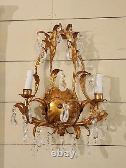 Gold Gilt Italian Wall Double Arm Sconce. Branch And Leaf Design Crystal Prisms