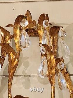 Gold Gilt Italian Wall Double Arm Sconce. Branch And Leaf Design Crystal Prisms