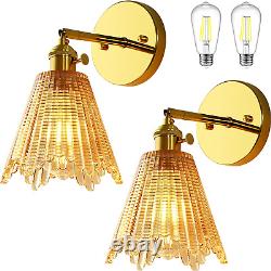 Gold Glass Wall Sconces Set of 2, Brass Sconce Amber Glass Shade with Knob Switc