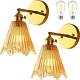 Gold Wall Sconces Set of Two, Bathroom Brass Sconce Amber Glass Shade