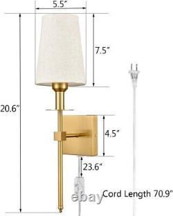 Gold Wall Sconces Set of Two Plug in Sconces Wall Lighting with Fabric Shade
