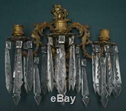 Gorgeous Antique Brass 3-arm Candle Wall Sconce With Rare 27 Elongated Prisms