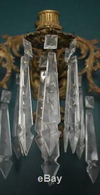 Gorgeous Antique Brass 3-arm Candle Wall Sconce With Rare 27 Elongated Prisms
