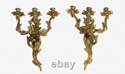 Gorgeous Antique Gilded Age Pair Of Brass Three Arm Candle Wall Sconces