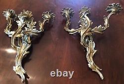 Gorgeous Antique Gilded Age Pair Of Brass Three Arm Candle Wall Sconces