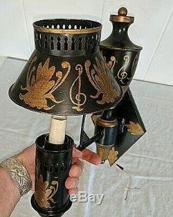 Gorgeous Antique Vtg Black & Gold Gilt Tole Music Room Painted Sconce Wall Light