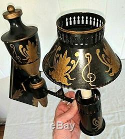 Gorgeous Antique Vtg Black & Gold Gilt Tole Music Room Painted Sconce Wall Light