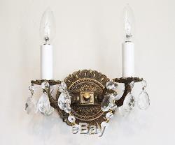 Gorgeous Pair Antique Brass & Crystal Prisms Wall Sconces
