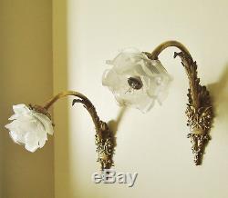 Gorgeous Pair Antique French Figural Sconces Wall Lights Bronze Glass Rose Shade