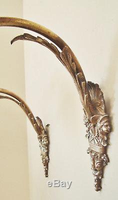 Gorgeous Pair Antique French Figural Sconces Wall Lights Bronze Glass Rose Shade