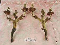 Gorgeous Pair Bronze Candle Sconces Wall Lights Candelabra French Rococo